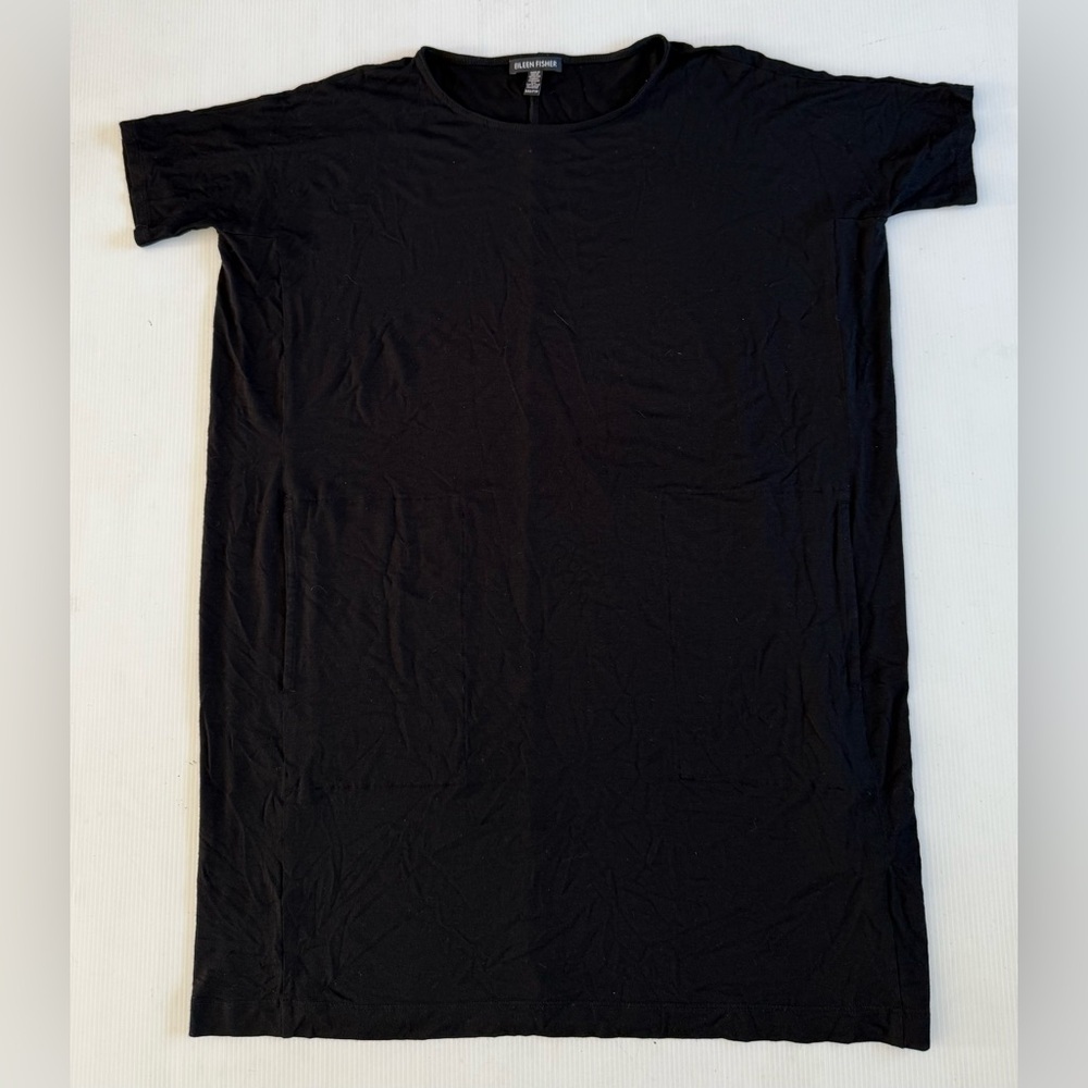 Eileen Fisher Top Womens XXS Shirt Short Sleev Crew Neck Black Viscose Spandex